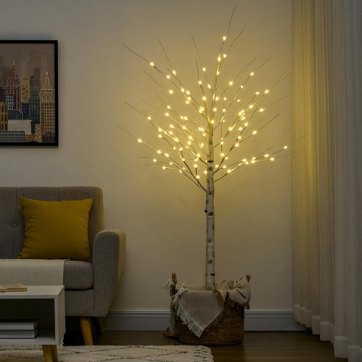 HOMCOM 180 cm Kunstbaum, Birkenbaum mit LED, Weihnachtsbaum Birken, Weihnachtsdeko Kunstbirke für Pa