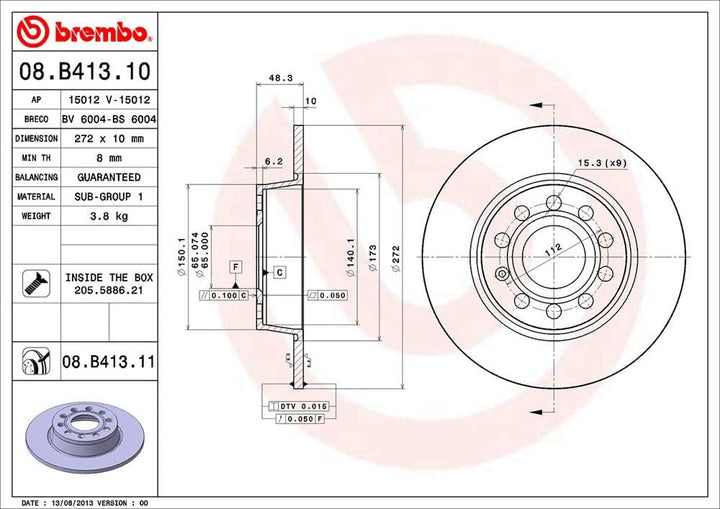 Brembo 08.B413.11 Hintere Bremsscheibe mit UV Lackierung, Anzahl 2 Single, Single