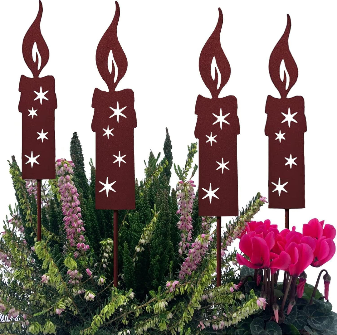 KRONLY 4 Stück Gartenstecker Kerze 24cm Roststecker Weihnachten Advent wetterfest Gartendeko Outdoor