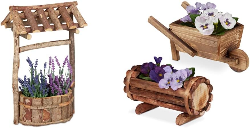 Relaxdays, Natur Holzbrunnen Garten, dekorativer Zierbrunnen aus Holz, 43 x 25 x 18 cm, Brunnen Dach