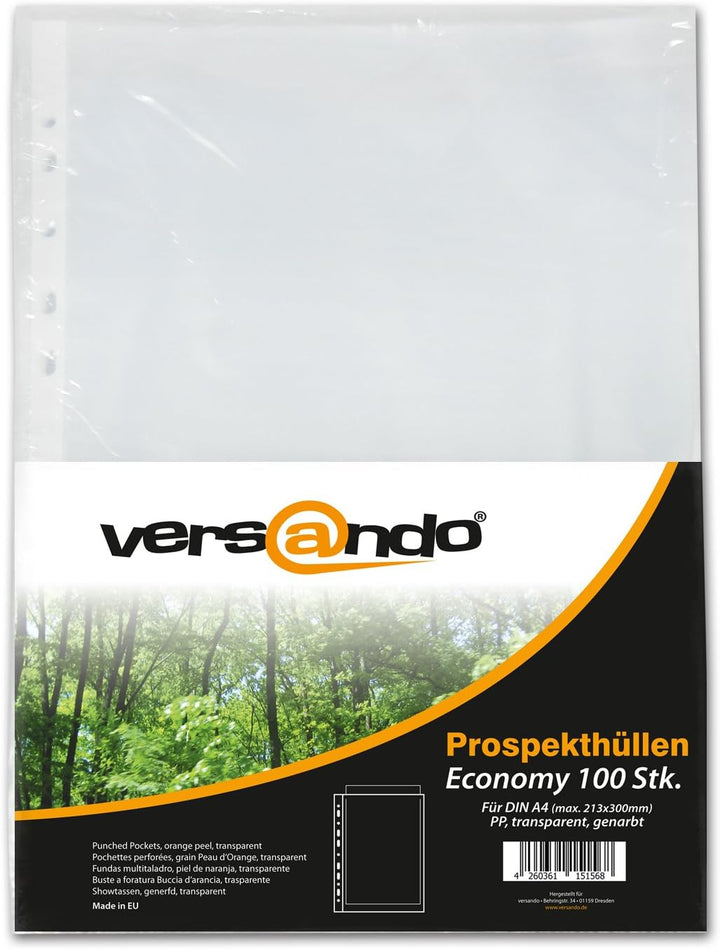 versando 1.000x A4 Prospekthüllen Economy mit Heftrand Klarsichthüllen genarbt transparent 45my (10x
