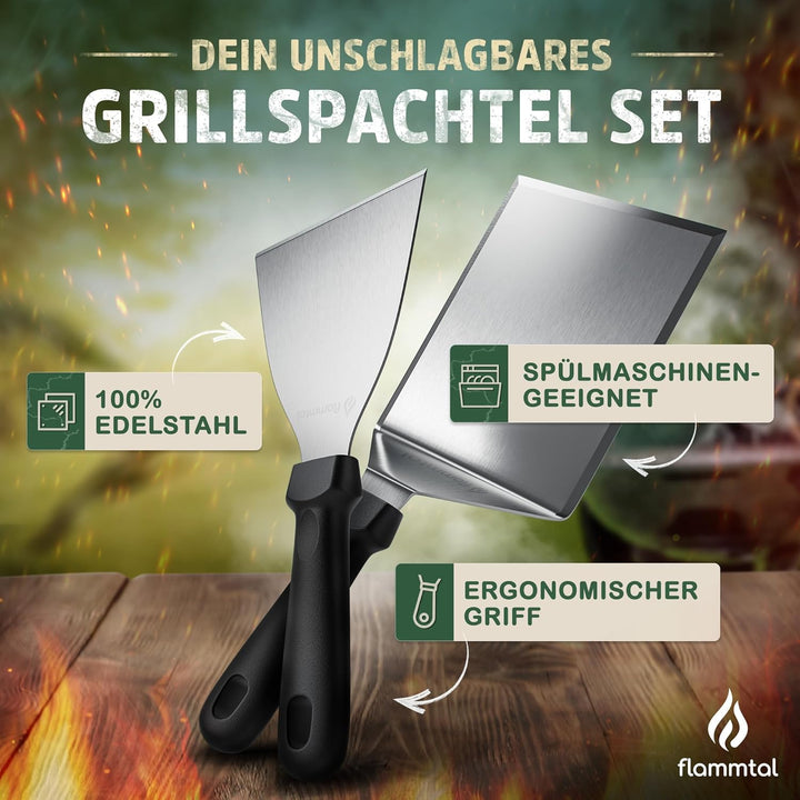 flammtal Grillspachtel Set aus Edelstahl - Hochwertiger Plancha Spachtel inkl. 20x Burgerpapier fรผr