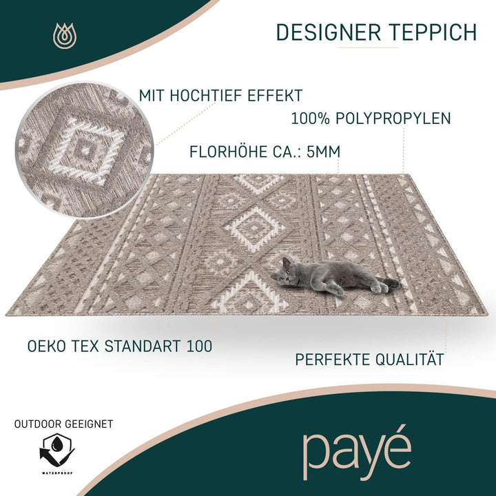 payé Teppich Wohnzimmer - Boho Braun 200x290cm - Raute Ornamente - Ethno Teppiche für Balkon Terrass