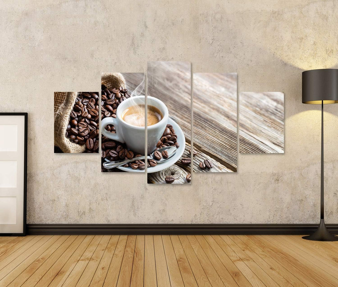 islandburner Bild auf Leinwand Espresso Kaffeetasse Mit Bohnen Auf Vintage Tisch Bilder Wandbilder P