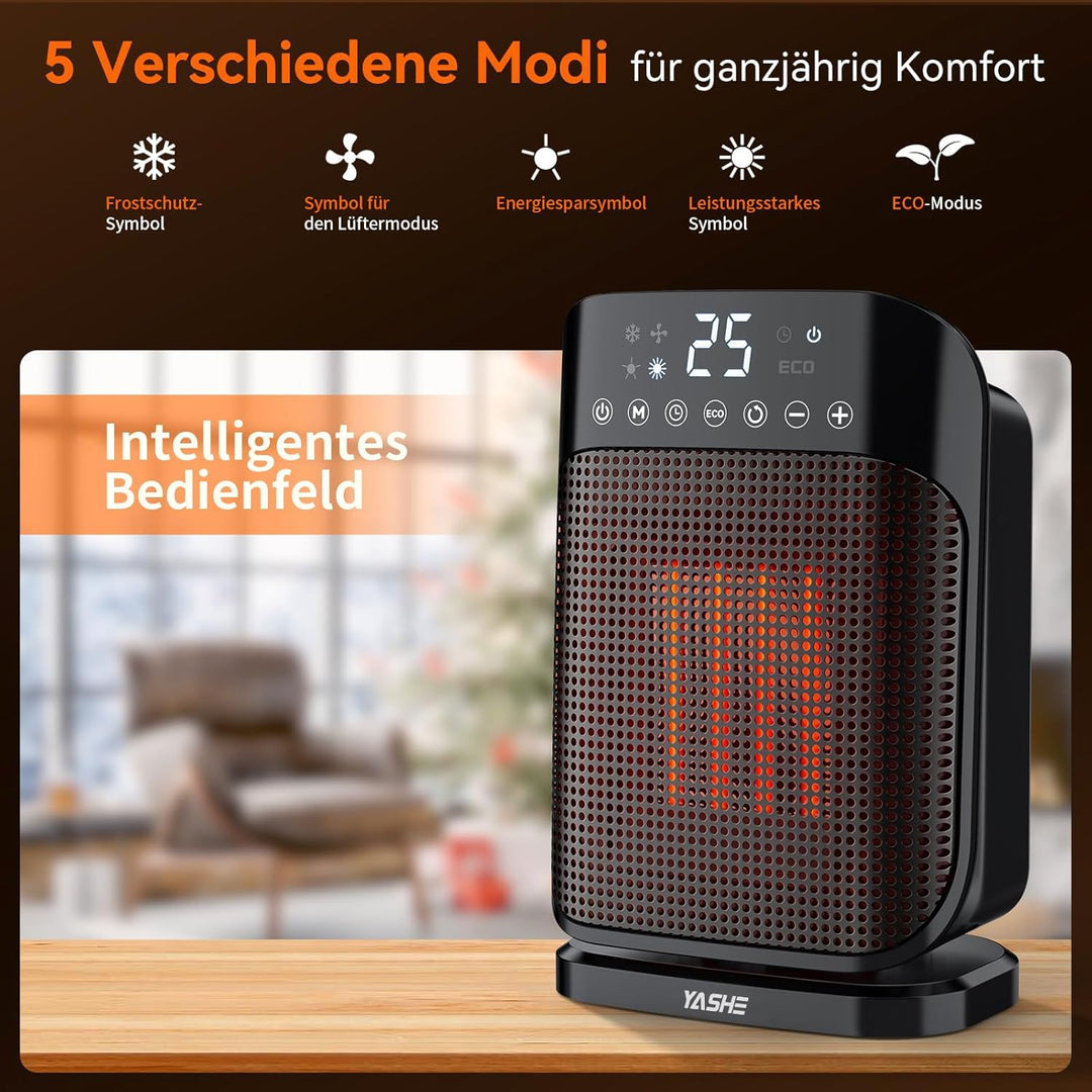 YASHE Heizlüfter, 1800W PTC Keramik-Heizlüfter, Elektrischer Heizung Energieeffizient, 75 ° Oszillat