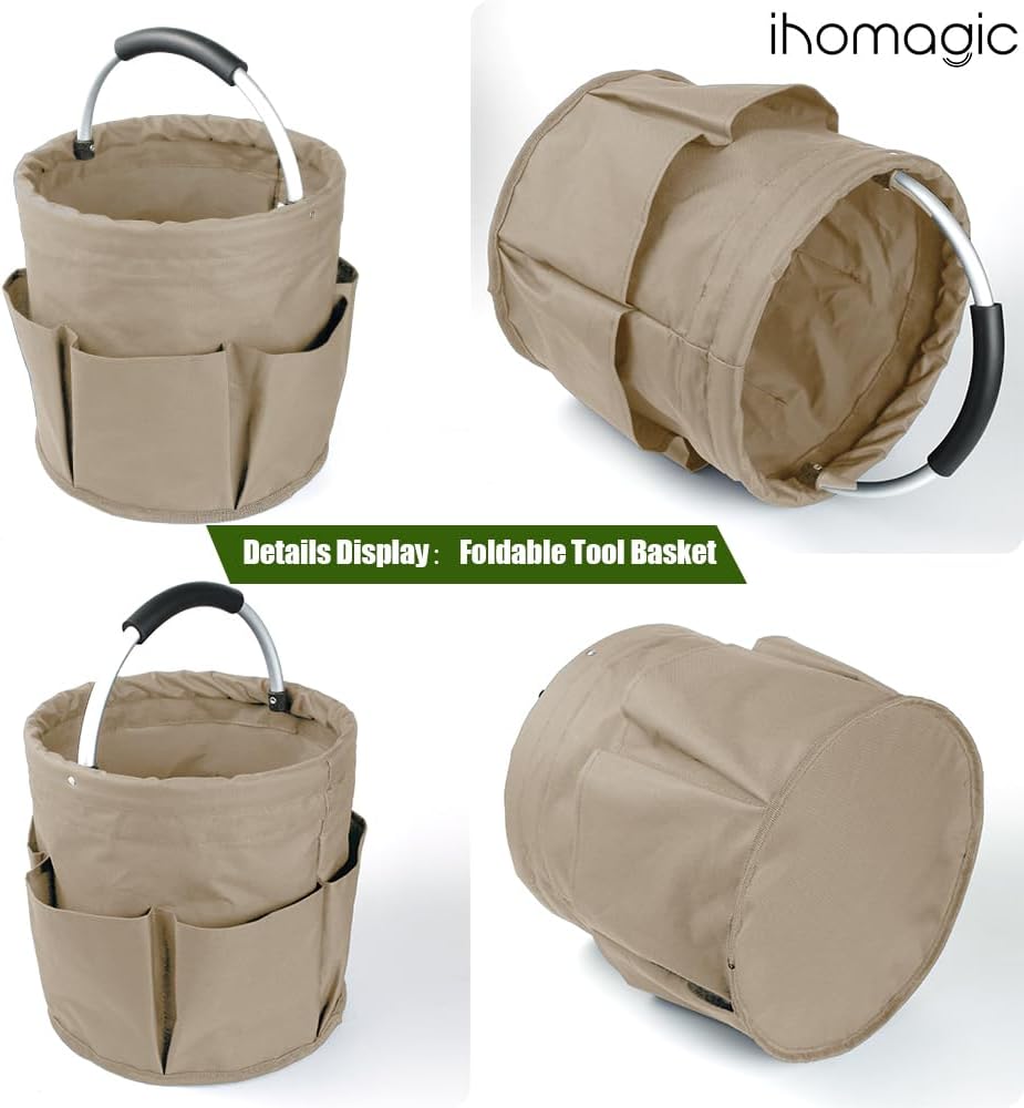 IHOMAGIC Freistehend Werkzeugkorb, Faltbare Aufbewahrungsbox, Gartenwerkzeuge Tasche, 1 Hauptfach mi