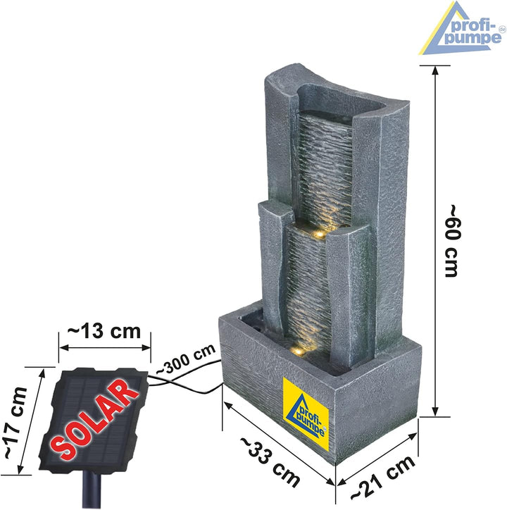 profi-pumpe.de Solar Gartenbrunnen Brunnen Solarbrunnen 3-Stufige Stein-Kaskade mit LED-Licht, Zierb