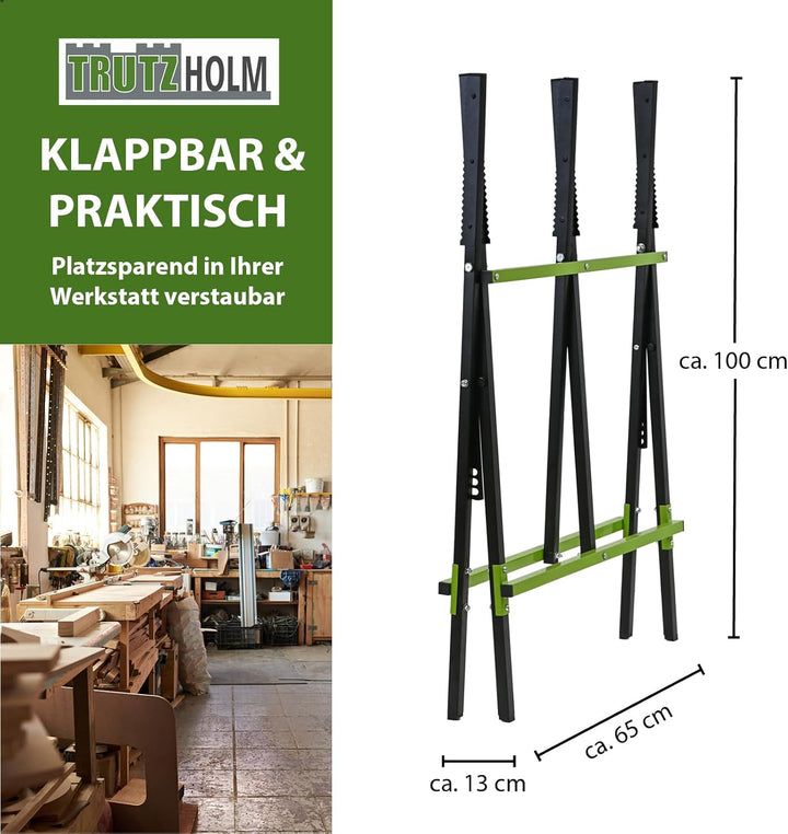 TRUTZHOLM Holzsägebock klappbar Stahl pulverbeschichtet 100 kg Traglast 3-fach verstellbarer Kettens