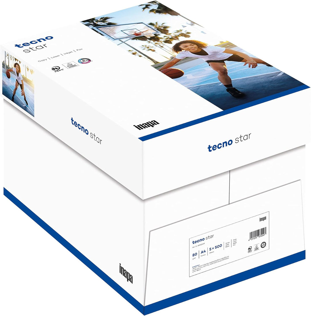 inapa Drucker-/ Kopierpapier tecno Star: 80 g/m², A4, 2.500 Blatt (5x500), weiss – Allround-Papier,