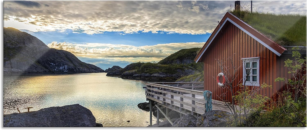 Glasbild Panorama | Wandbild aus Echtglas | Sonnenaufgang am Fjord Norwegens | 100x40 cm | inkl. Auf