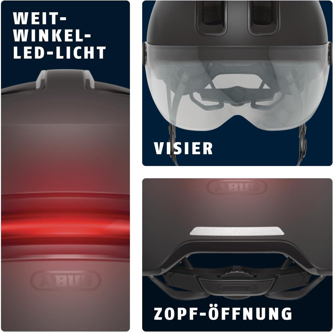 ABUS Stadthelm HUD-Y ACE - stylischer Fahrradhelm mit Visier und magnetischem, aufladbarem LED-Rückl