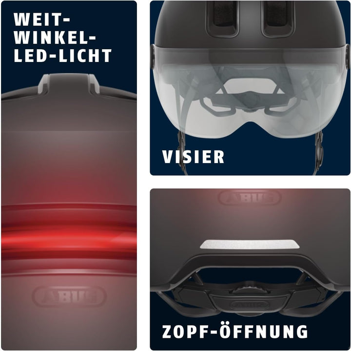 ABUS Stadthelm HUD-Y ACE - stylischer Fahrradhelm mit Visier und magnetischem, aufladbarem LED-Rückl