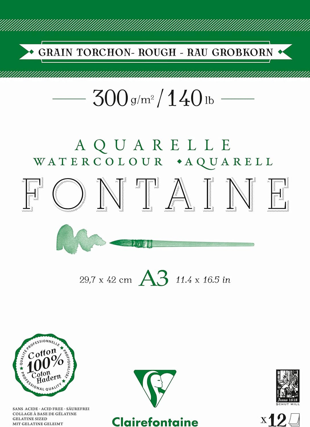 Clairefontaine 975952C - Aquarellblock Fontaine DIN A3 29,7x42cm, mit 12 Bogen 300g Torchon/Rau, zwe
