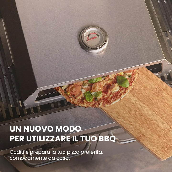 Pizzaofen aus Keramikstein mit schneller Erwärmung, gleichmässiges Garen, Edelstahlhaube und Pizzasc