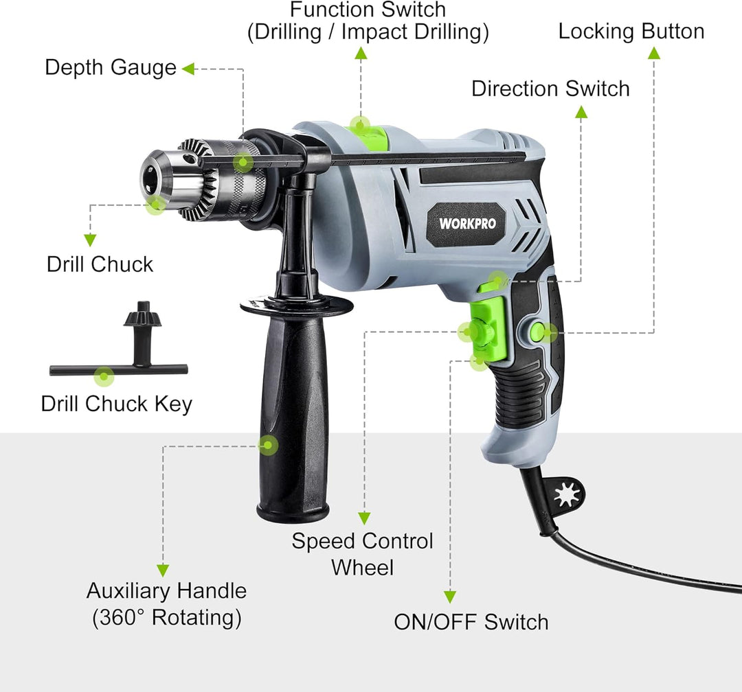 WORKPRO Schlagbohrmaschine 850W, Bohrmaschine 3000RPM, 2 in 1 Hammer und Bohrer mit 360° Drehgriff,