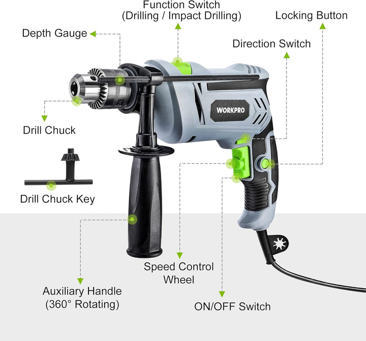 WORKPRO Schlagbohrmaschine 850W, Bohrmaschine 3000RPM, 2 in 1 Hammer und Bohrer mit 360° Drehgriff,