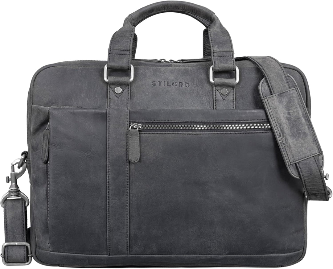STILORD 'Nico' Grosse Businesstasche aus Hochwertigem Leder für 15.6 Zoll Laptop, Farbe:carbon - gra