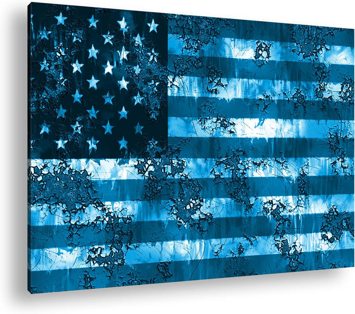 deyoli rostige USA Flagge Format: 100x70 Effekt: Monocrome Blau als Leinwandbild, Motiv fertig gerah