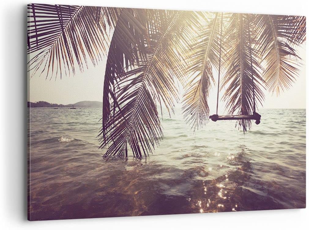 Bilder auf Leinwand 100x70cm Leinwandbild mit Rahmen Meer Palme Wasser Gross Wanddeko Bild Schlafzim