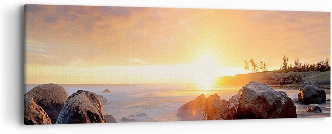 Panorama Bilder auf Leinwand Meer Strand Felsen Leinwandbild 90x30cm Wandbilder Dekoration Wohnzimme