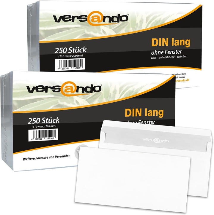 versando 500 Briefumschläge DIN lang ohne Fenster oF selbstklebend sk 22 x 11 cm weiss Weiss - Ohne