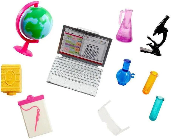 Barbie Berufe Lehrer Puppe Braun mit 10 Lernzubehör, einschliesslich Rotierender Globus und Laptop,