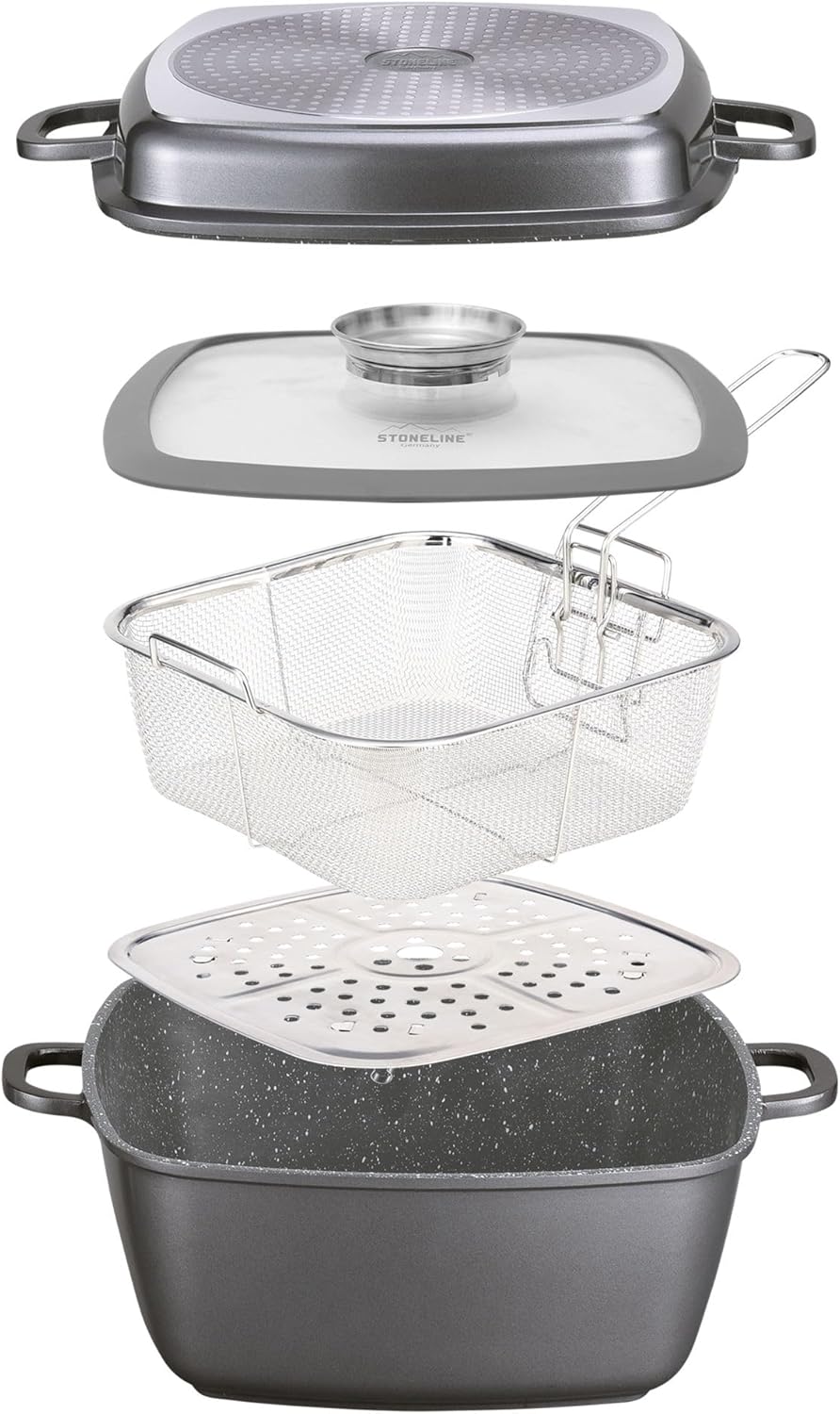 STONELINE® Multi-Eckpfanne, 28 x 28 cm, mit Dampf- und Frittierfunktion, induktionsgeeignet, Aluguss