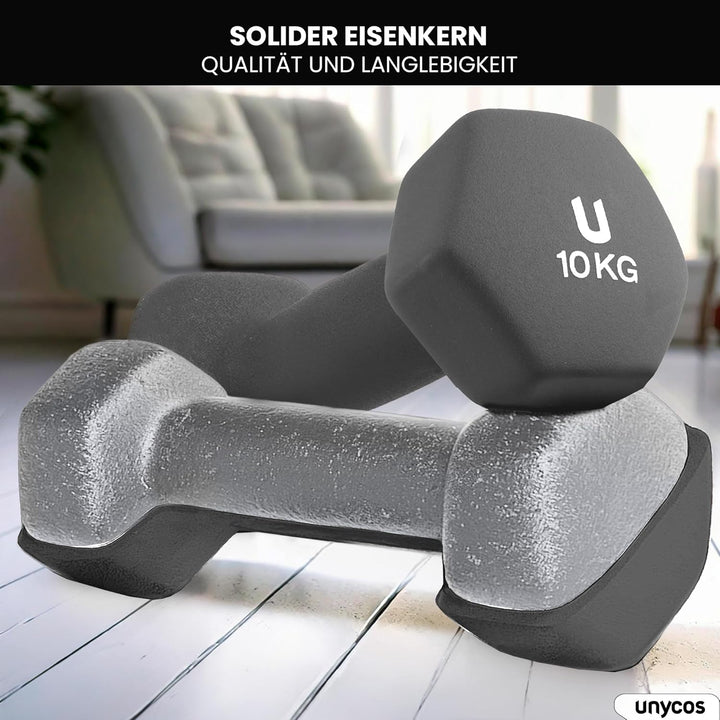 unycos - Neopren Hanteln, Kurzhanteln 2er Set von 1-10 kg für Männer und Frauen, Rutschfest, Anti-Ro