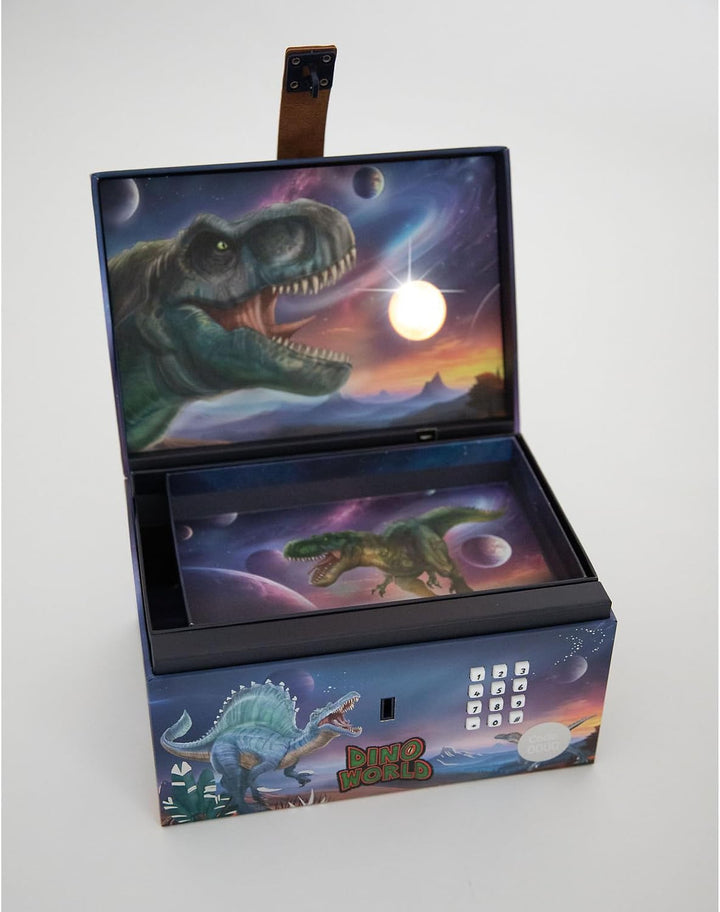 Depesche 13441 Dino World - Schatztruhe im Dino Design mit Planeten, Aufbewahrungsbox mit Code, Soun
