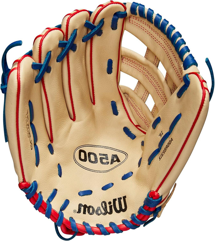 WILSON 2023 A500 Jugend-Baseballhandschuh Blonde/Rot/Königsblau 12" Linke Hand Wurf, Blonde/Rot/Köni