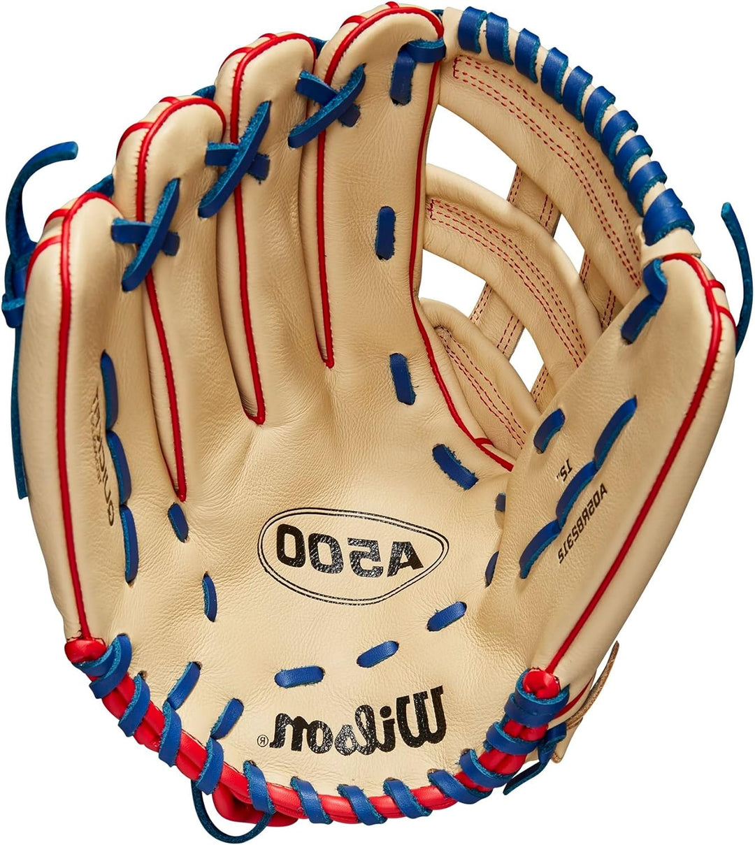 WILSON 2023 A500 Jugend-Baseballhandschuh Blonde/Rot/Königsblau 12" Linke Hand Wurf, Blonde/Rot/Köni