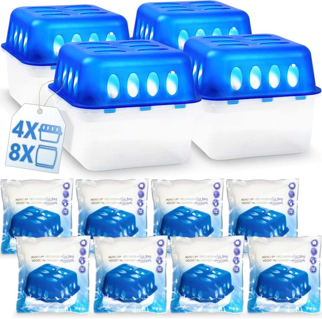 Stimo 4x Luftentfeuchter Box mit 8 Nachfüllpacks Raumentfeuchter Feuchtigkeits-Stopper mit Granulat