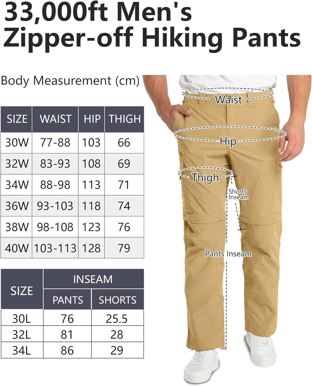 33,000ft Wanderhose Herren Zip Off Trekkinghose, Atmungsaktiv Abnehmbar Stretch Outdoorhose mit 6 Ta