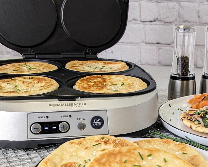 ROMMELSBACHER Pancake Maker PC 1800 - 4 Backmulden à 13,5 cm, Antihaftbeschichtung, 15 Minuten Zeits