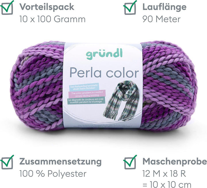 Gründl Wolle Perla color (wollähnliches Handstrickgarn aus 100% Polyester, 100 g / 90 m, Nadelstärke