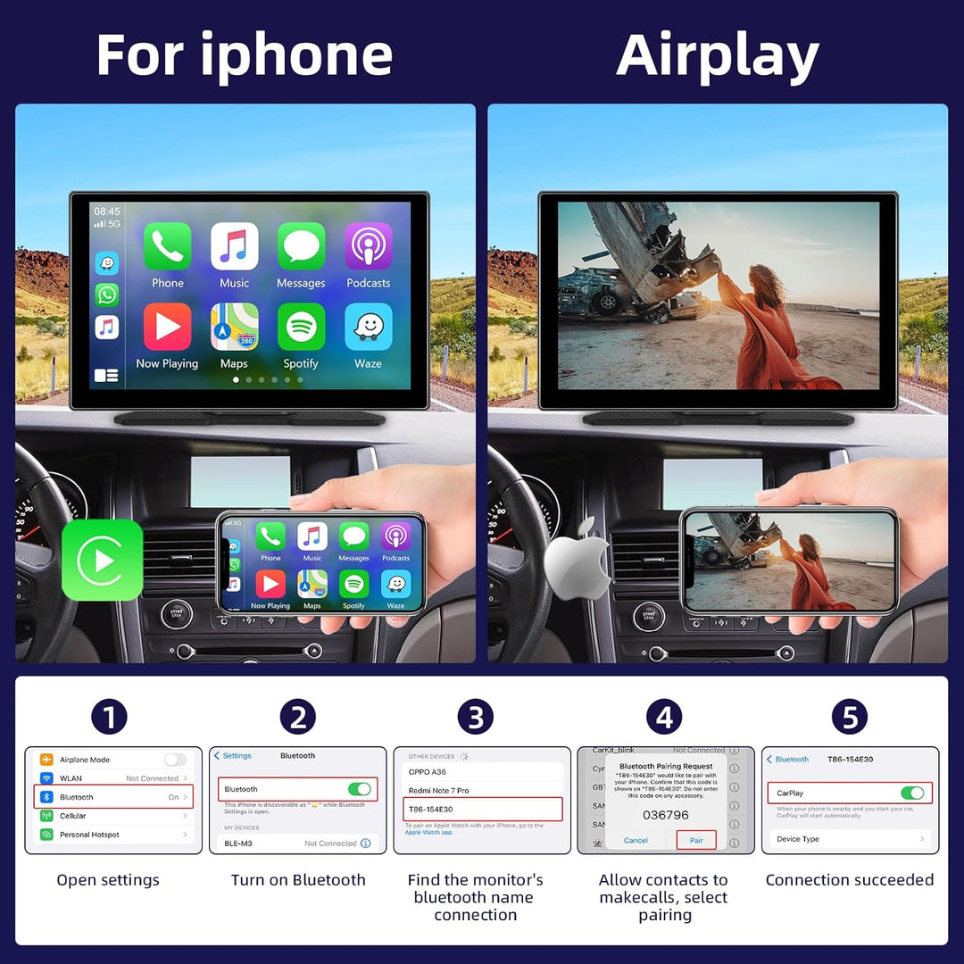 Hodozzy Tragbares Autoradio Wireless CarPlay Display Android Auto, Airplay Mirror Link, 9 Zoll Touch