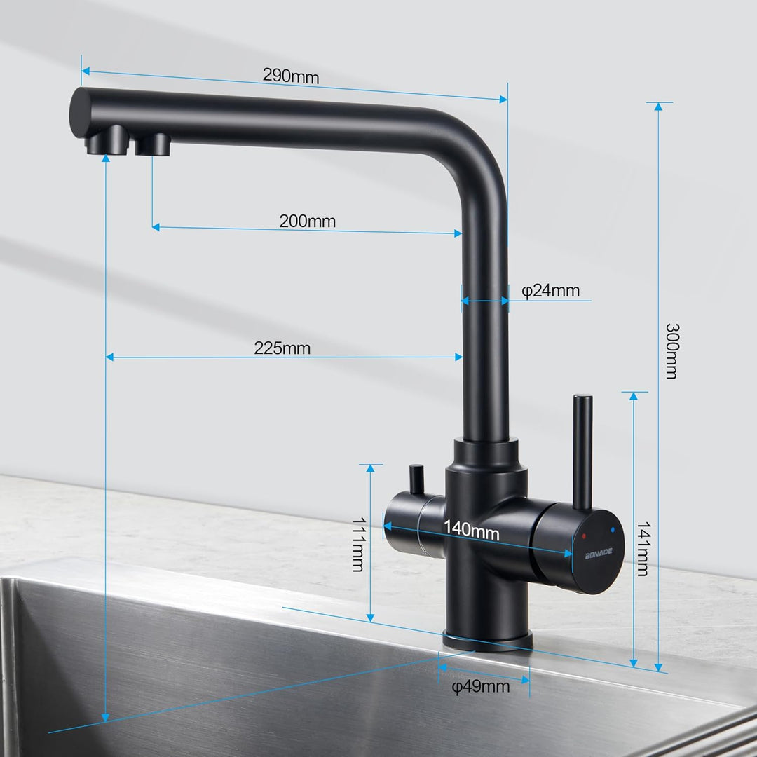 BONADE 3 Wege Wasserhahn Schwarz Matt, 360° Drehbar Küchenarmatur Trinkwasserhahn mit 2 Hebel, Misch