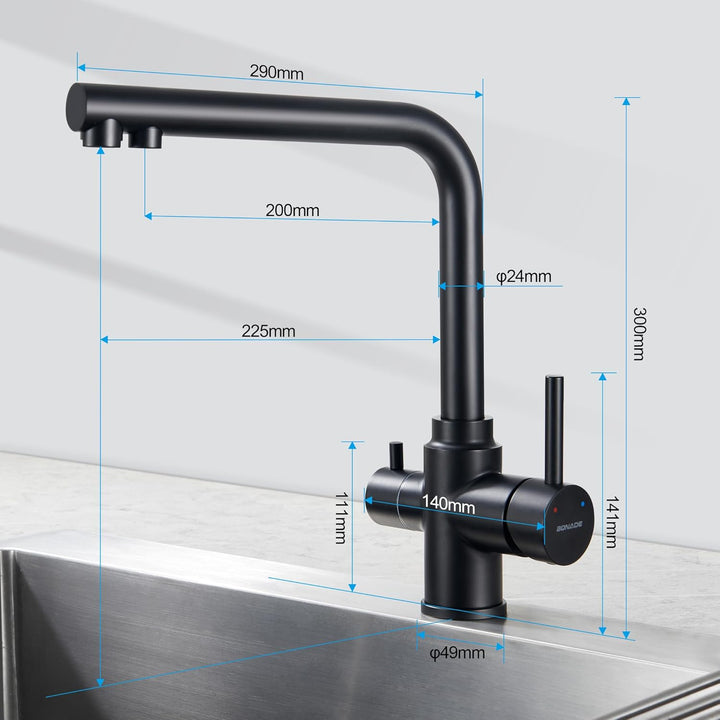 BONADE 3 Wege Wasserhahn Schwarz Matt, 360° Drehbar Küchenarmatur Trinkwasserhahn mit 2 Hebel, Misch