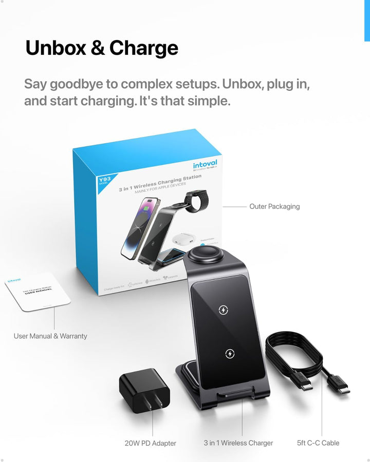 Intoval Kabellose Ladestation, 3-in-1-Ladegerät für Apple, iPhone/iWatch/Airpods, iPhone15,14,13,12