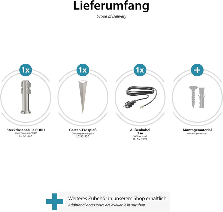 ledscom.de Garten-Steckdosen-Säule PORU mit Erdspiess und 2m Kabel für aussen, 4-Fach, Edelstahl, ru