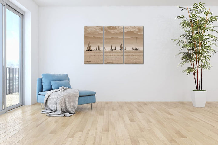 deyoli Meer voller Segelboote Format: 3Teilig als Leinwand, Effekt: Sepia, Motiv fertig gerahmt auf
