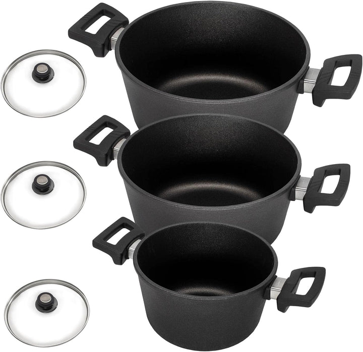Eurolux Universal-Topfset Induktion Aluguss beschichtet 6-teilig - schwarze Koch-Töpfe Set & Glas-De
