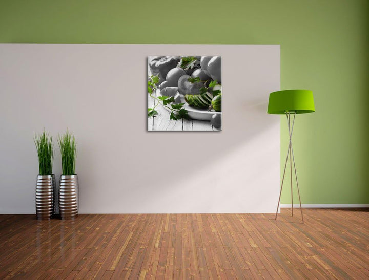Gemüseteller mit Paprika Tomate und Zucchini schwarz/weiss, Format: 70x70 als Leinwandbild, tolle Bi