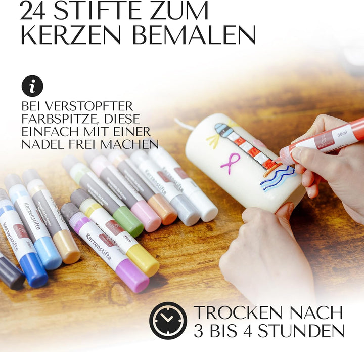 Brandalo® Premium 24er Set Kerzenstifte á 30ml leuchtende Farben – Candle Pen für Kerzen - Taufkerze