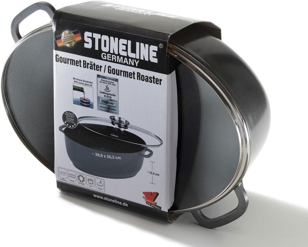 Stoneline Gourmet Bräter, oval, 38,8 x 26,3 cm, 8 L, mit Aroma-Glasdeckel zur dosierten Zugabe von F