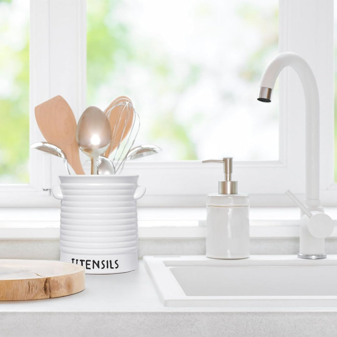 Karisky Kitchen Utensilhalter für Arbeitsplatten, 6,2 "grosser Keramikutensilien -Crock mit Korkmatt