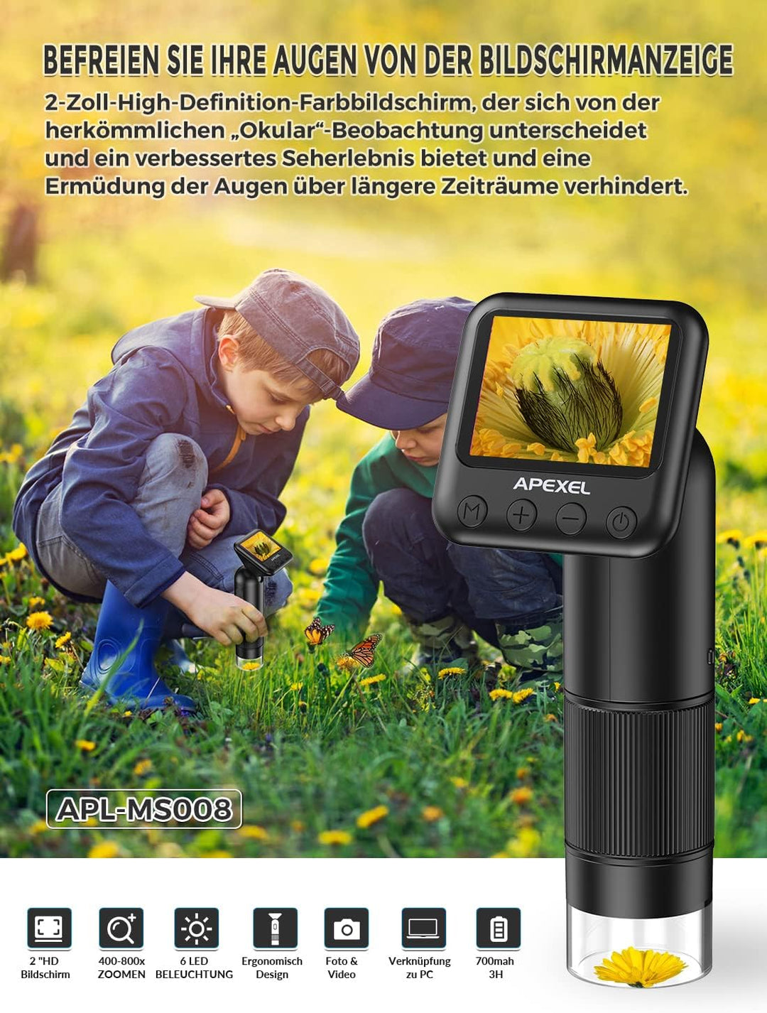 APEXEL Taschenmikroskop für Kinder, Hand-Digitalmikroskop mit Objektträgern, 800-faches Mini-Mikrosk