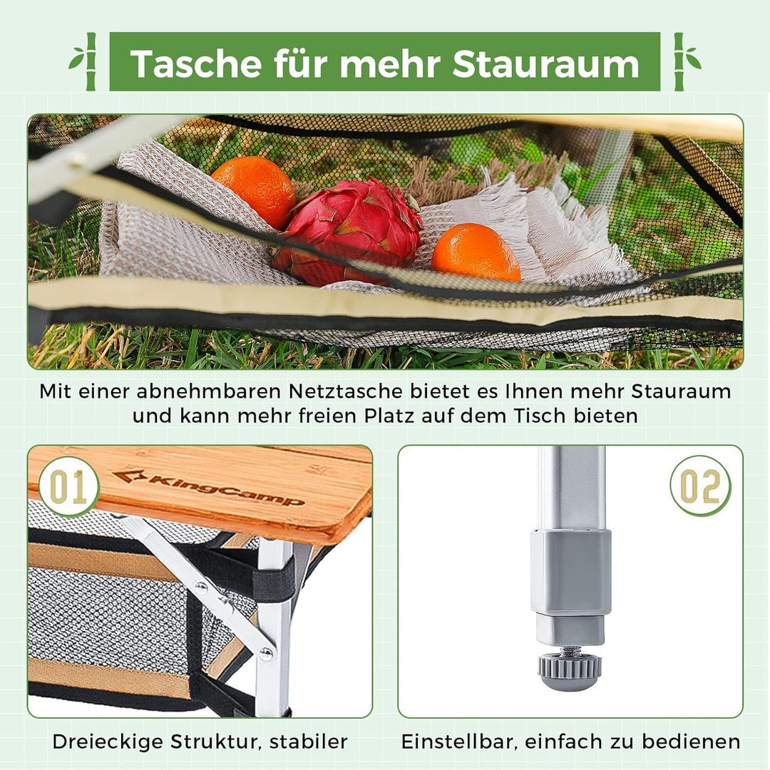 KingCamp Falten Bambus Campingtisch Klapptisch Verstellbare Höhe Aluminiumrahmen für Outdoor Camping