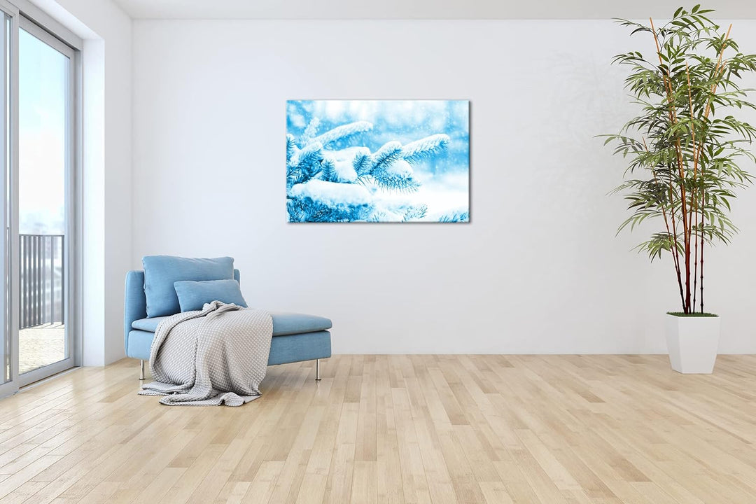 deyoli Kiefernzweige im Winter Format 80x60 Effekt: Monocrome Blau als Leinwandbild, Motiv fertig ge