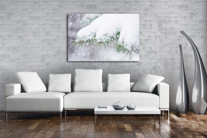 deyoli Schneebedeckte Kiefernzweige Format: 80x60 als Leinwandbild, Motiv fertig gerahmt auf Echthol